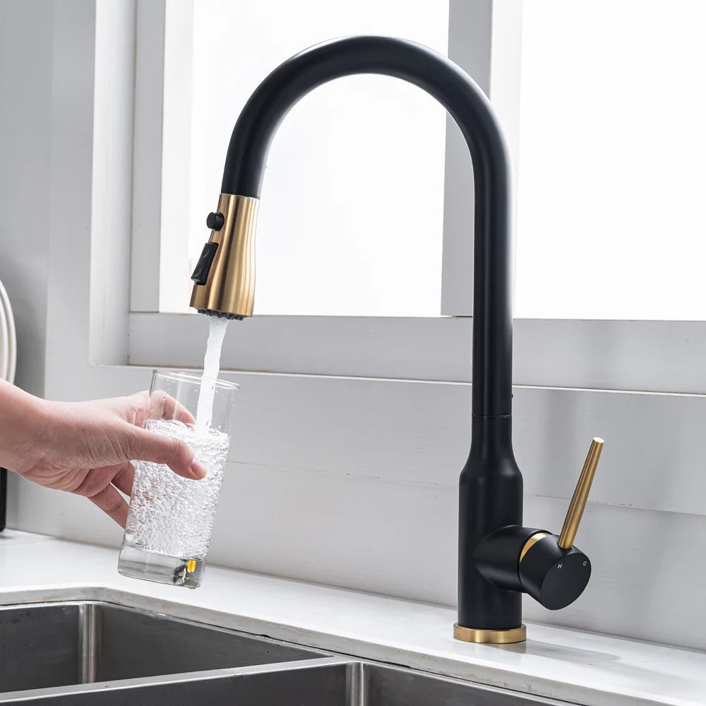 Black and Gold Kitchen Tap| Stylish Pull Out Spray Taps Online| Tapron