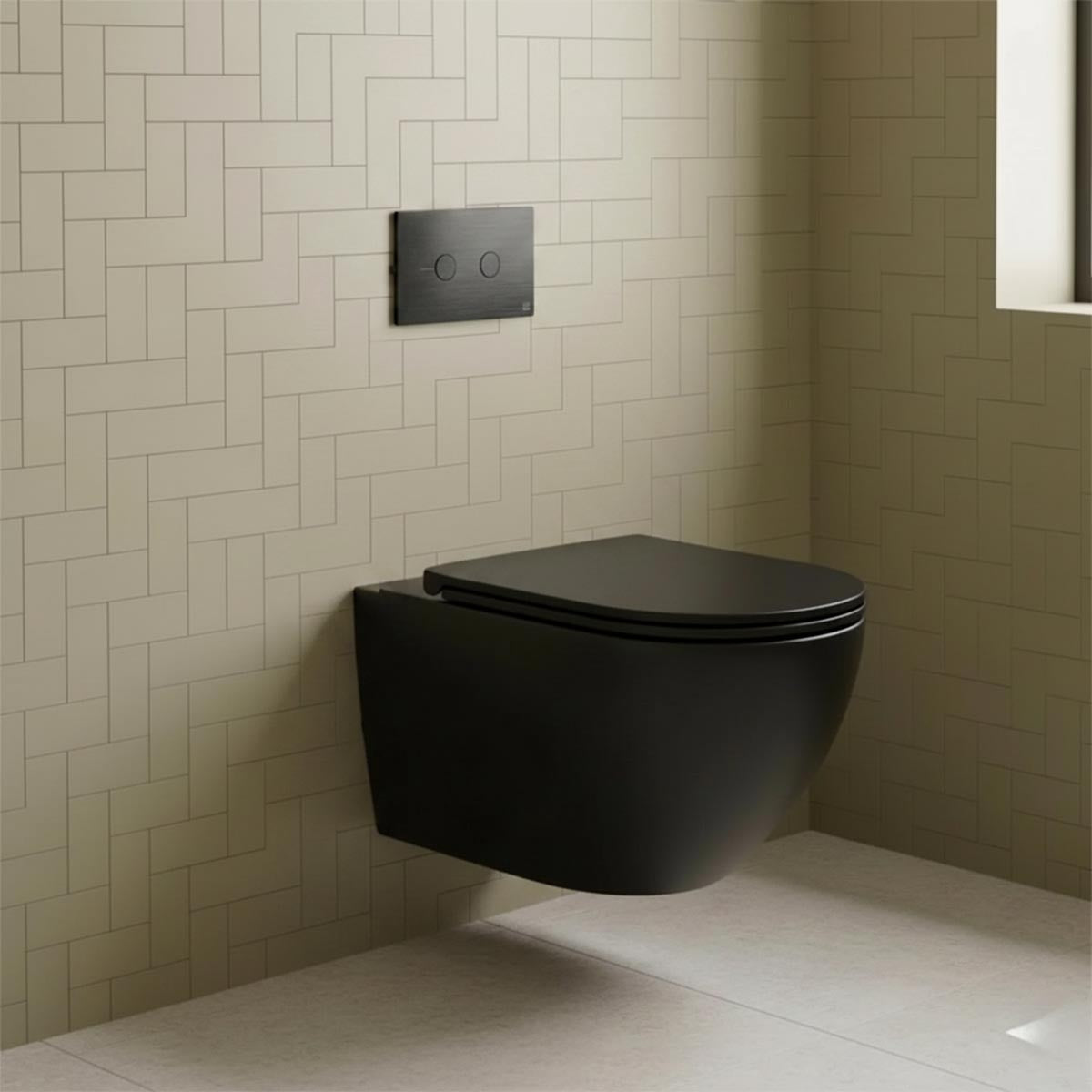 0.82m concealed cistern frame with black wall hung toilet and flush plate