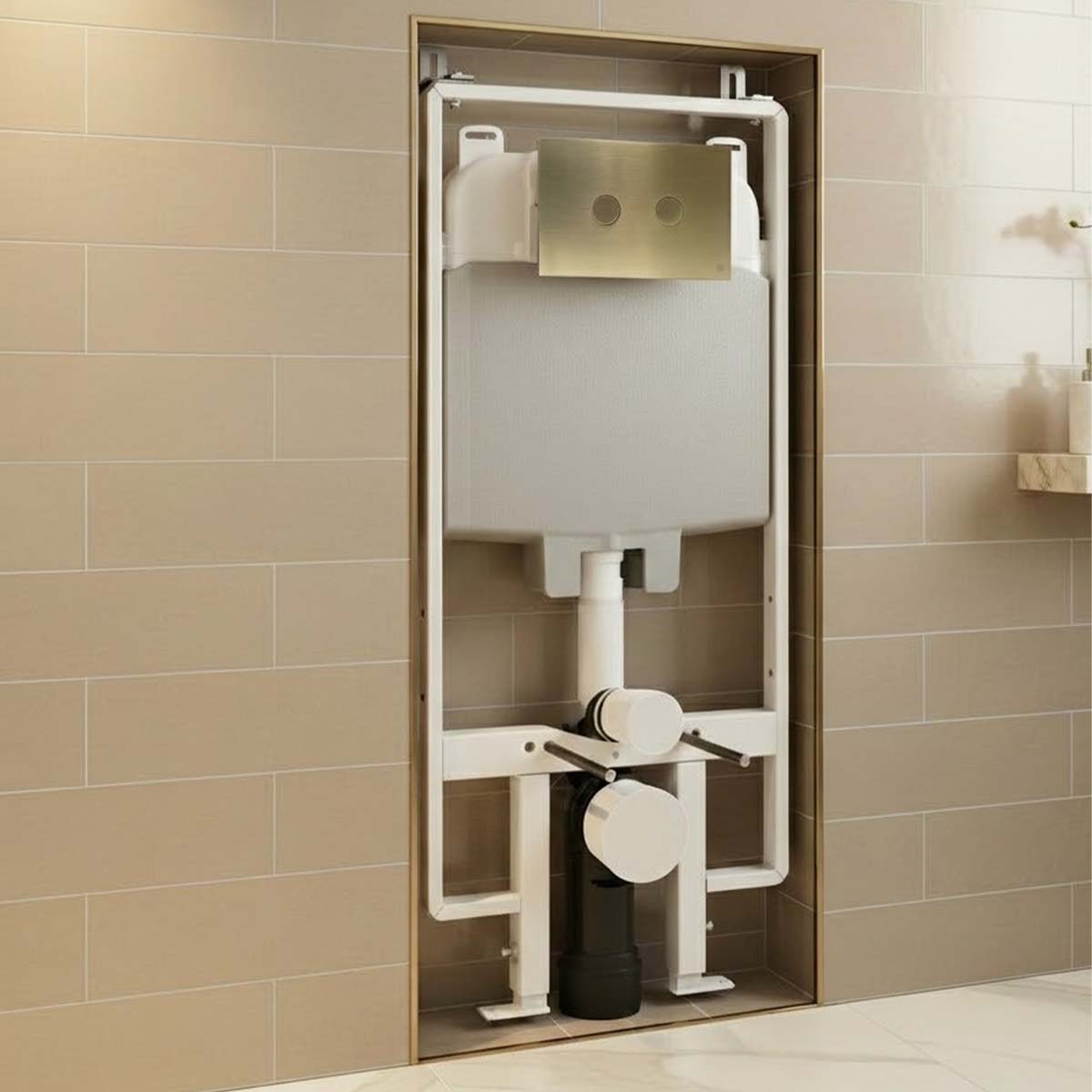 1.2m Slim Pre-Wall Freestanding W.C Frame with Cistern, Brackets, Bend and Brushed Brass Dual Flush Plate