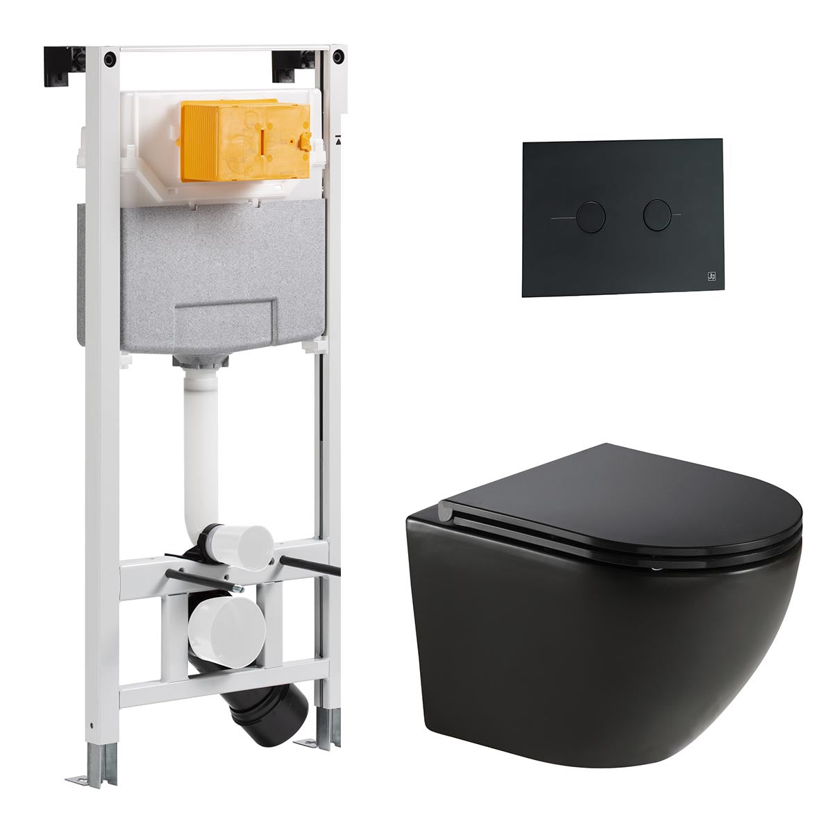 1.2m Pre-Wall W.C Cistern Frame & Black Wall Hung Toilet with Seat and Matt Black Flush Plate