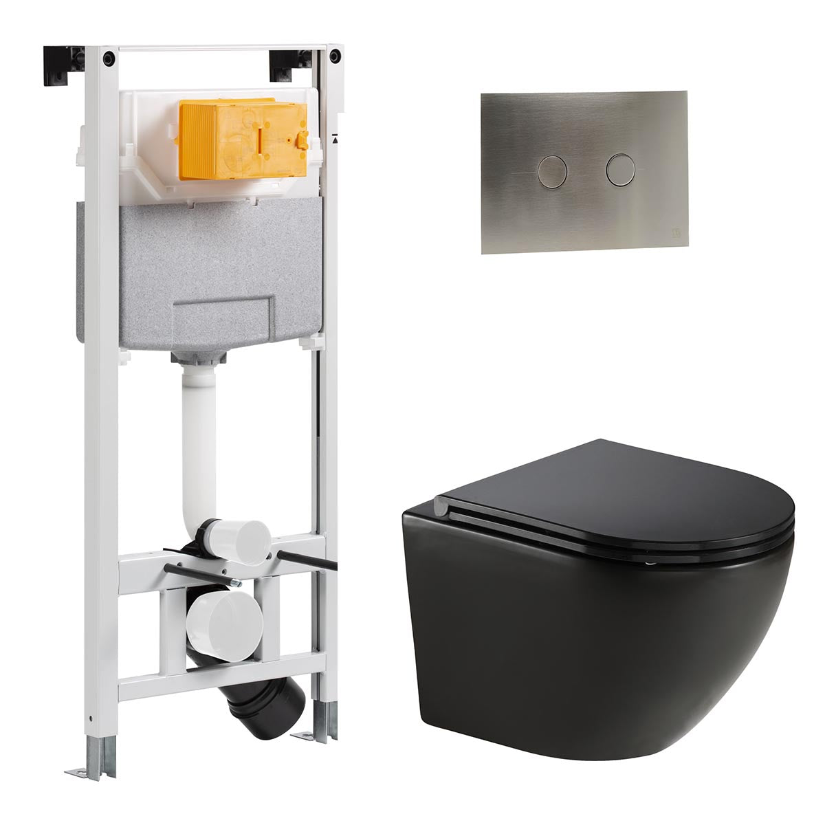 1.2m Pre-Wall W.C Cistern Frame & Black Wall Hung Toilet with Seat and Stainless Steel Flush Plate