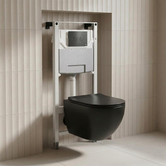 1.2m Pre-Wall W.C Cistern Frame & Wall Hung Toilet with Seat and Brushed Black Flush Plate Main image