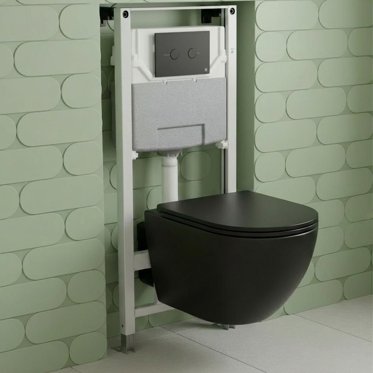 1.2m Pre-Wall W.C Cistern Frame & Wall Hung Toilet with Seat and Matt Black Flush Plate
