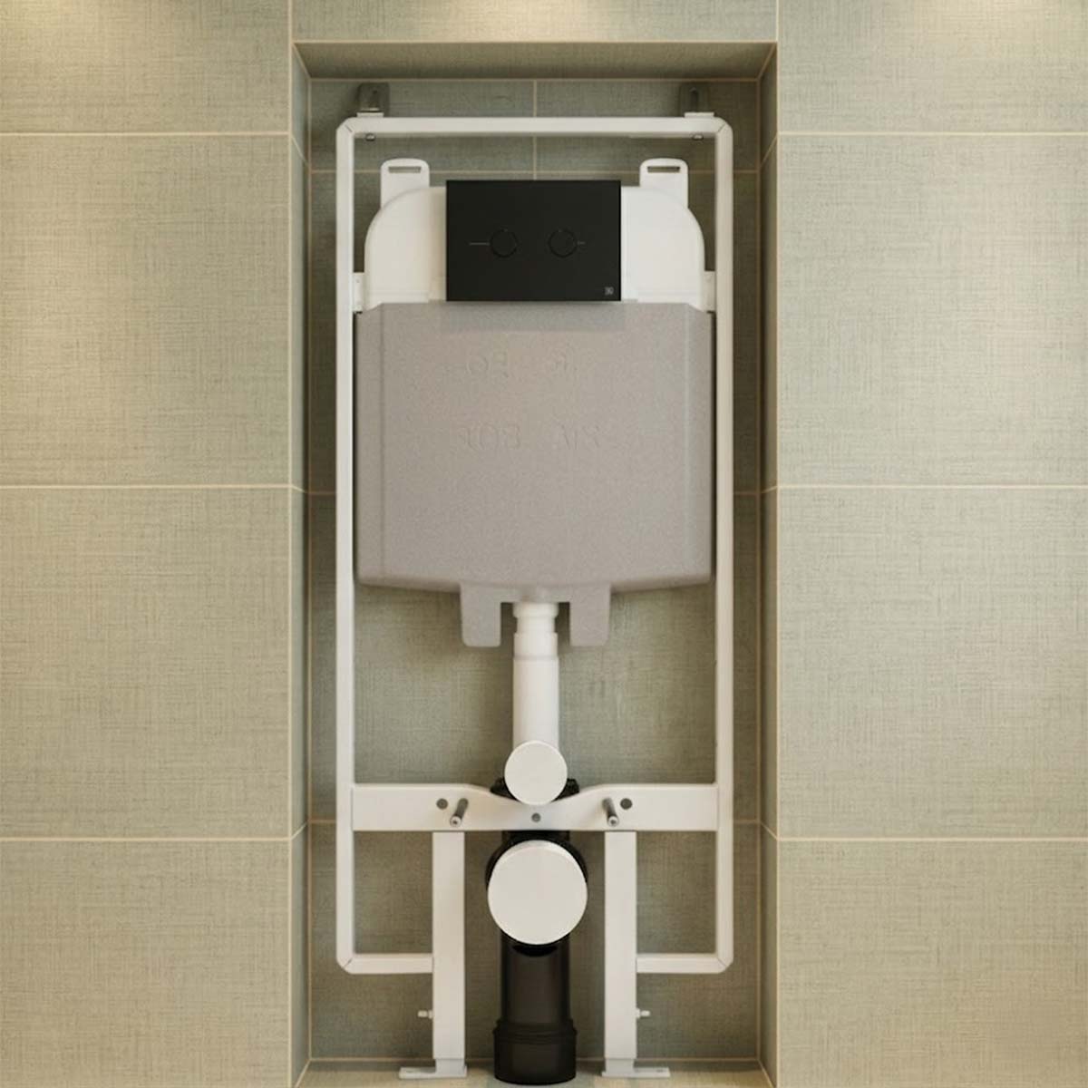 1200 Slim Pre-Wall Freestanding W.C Frame with Cistern, Brackets, Bend and Matt Black Dual Flush Plate