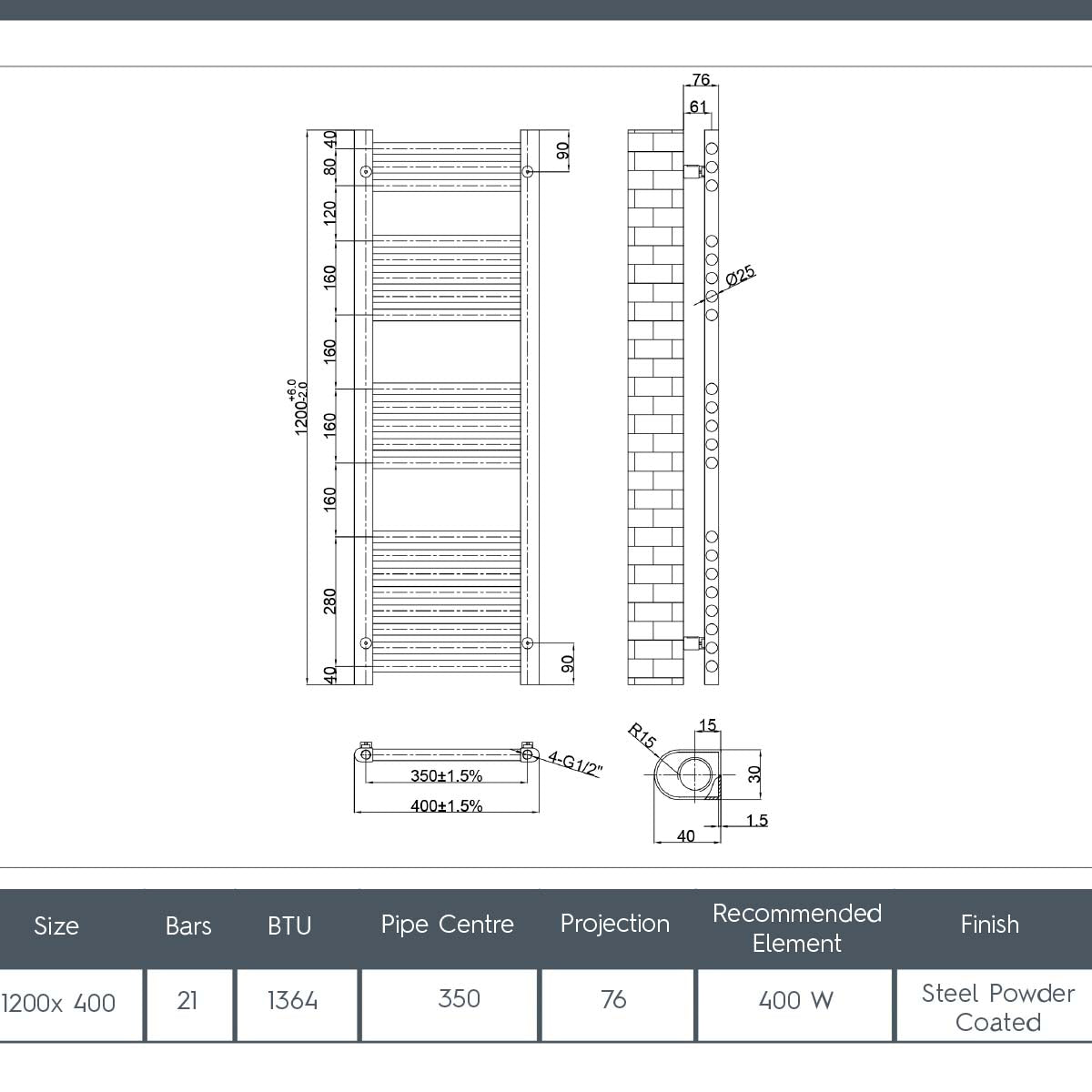 1200mm x 400mm Black Dual Fuel Towel Rail 