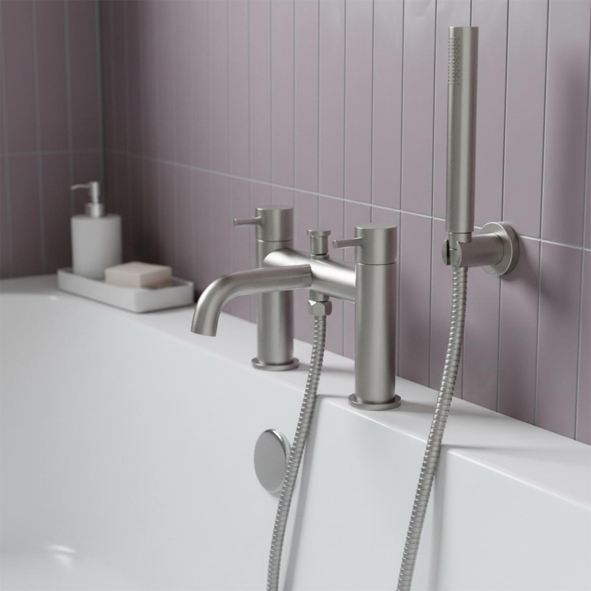 2-Outlet Deck-Mounted Bath Shower Mixer Tap - brushed stainless steel 