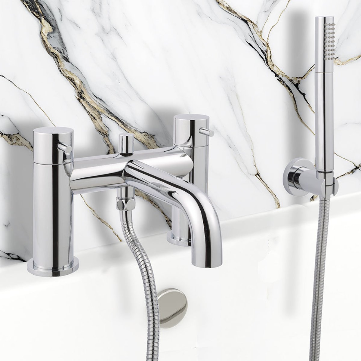 2-Outlet Deck-Mounted Shower Mixer Tap and Handheld Shower Set- Chrome