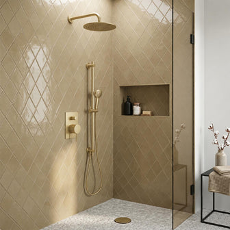 200mm Shower Head, 400mm Wall Arm, Slider Rail Kit, Manual Diverter Valve, Shower Waste - Brushed Brass Main image