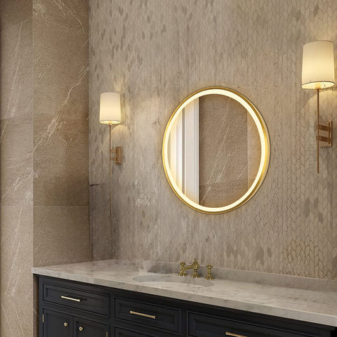 Gold Round LED Bathroom Mirror with Demister and Touch Sensor