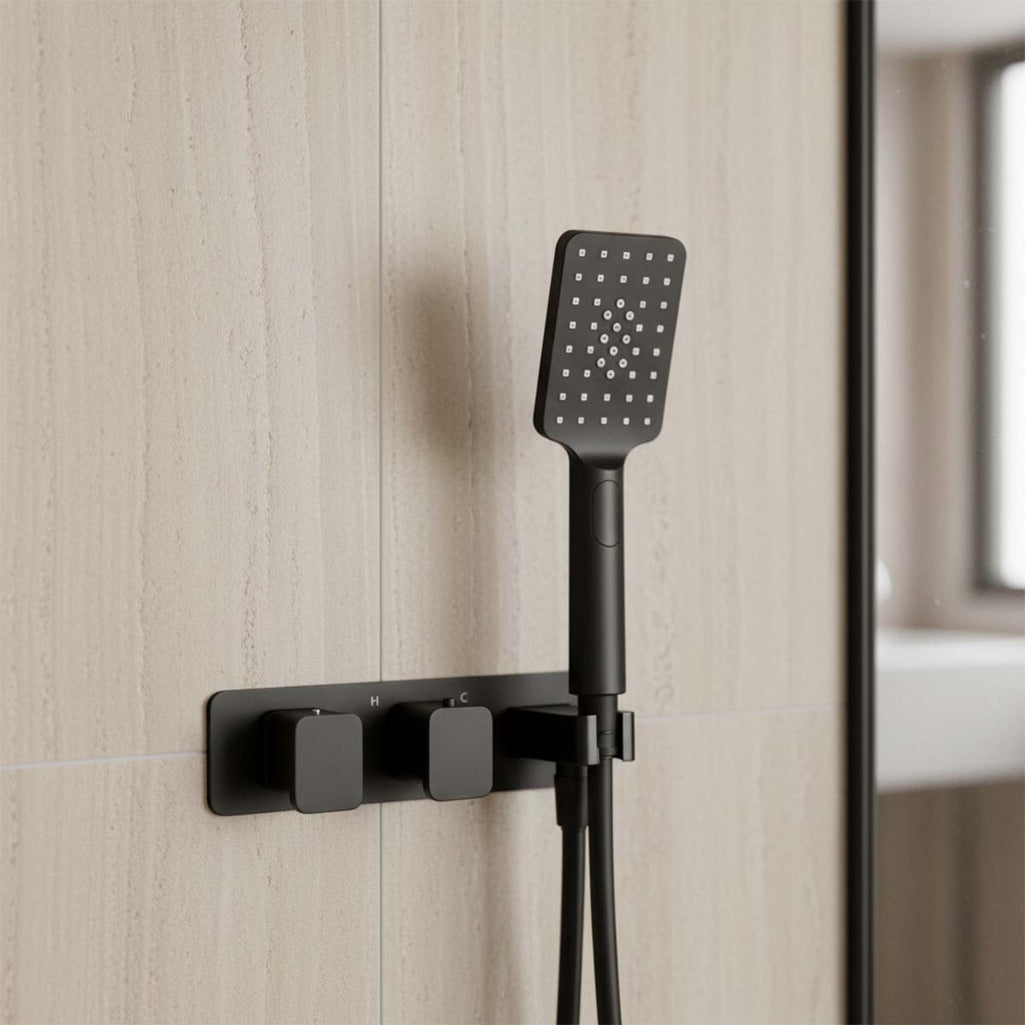 2 Outlet Thermostatic Shower Valve with Handset and Shower Hose - Black