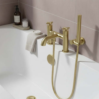 2 hole deck mounted bath tap with shower attachment - brushed brass  Main image