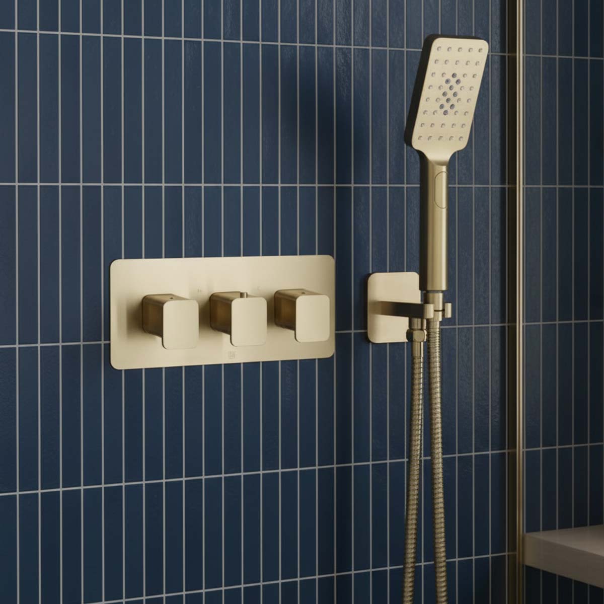 2 way concealed shower valve with square handles - brushed brass 
