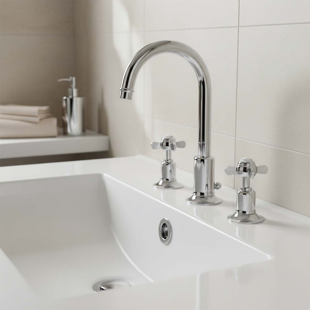 3 Hole Deck Mounted Basin Mixer Tap with Pop up waste Victorian Style