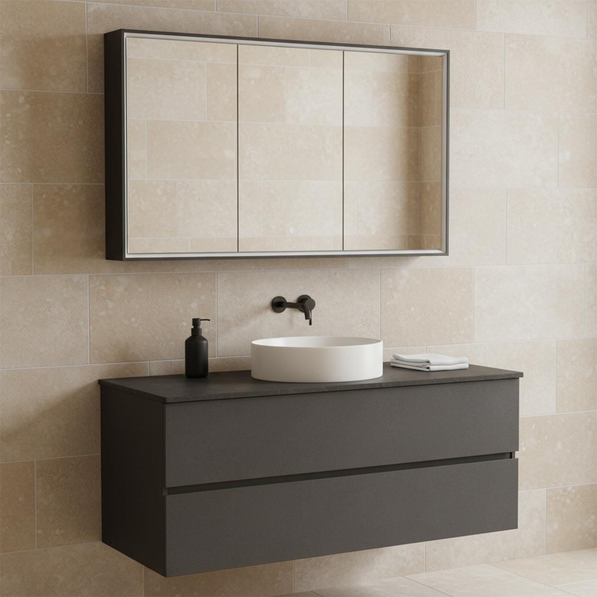 3 door illuminated bathroom mirror cabinet with socket - matt black