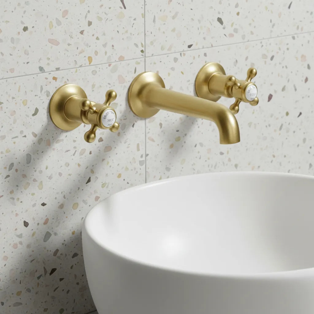 Traditional 3-Hole Brushed Brass Wall-Mounted Basin Mixer Tap Main image