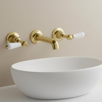 Gold 3 Hole Wall Mounted Traditional Basin Mixer Tap With White Lever Handle Main image