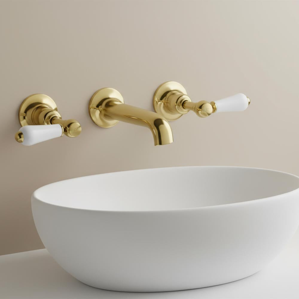 Gold 3 Hole Wall Mounted Traditional Basin Mixer Tap With White Lever Handle