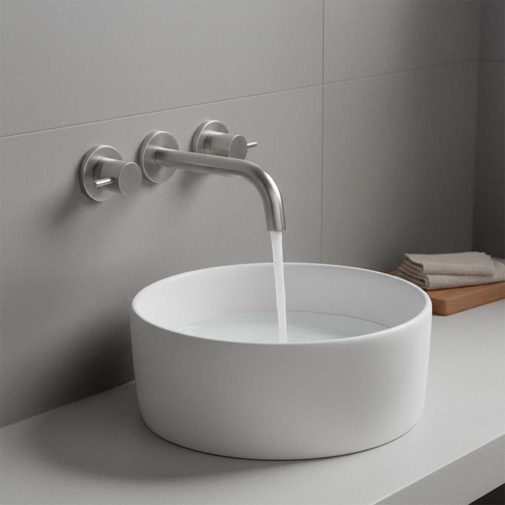 3 hole wall mounted basin tap - brushed stainless steel 