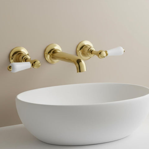 Gold 3 Hole Wall Mounted Traditional Basin Mixer Tap With White Lever Handle