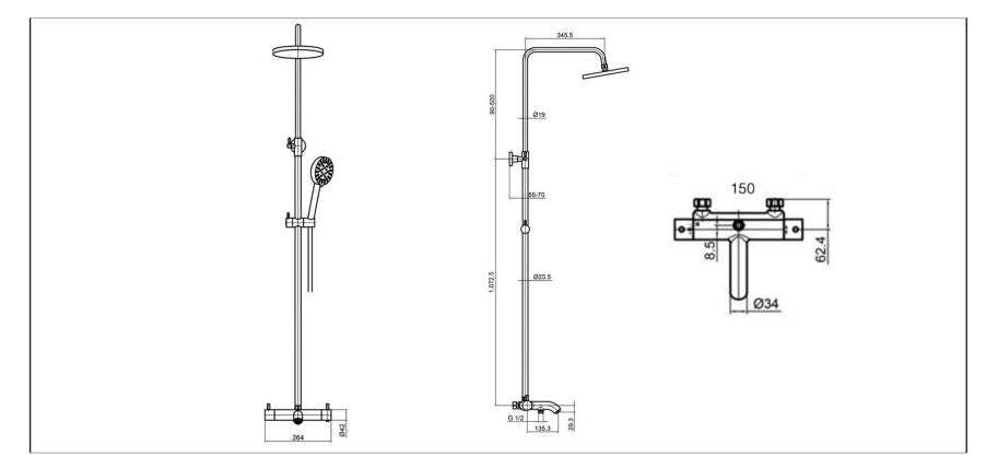 3 outlet shower valve shower head - Technical drawing