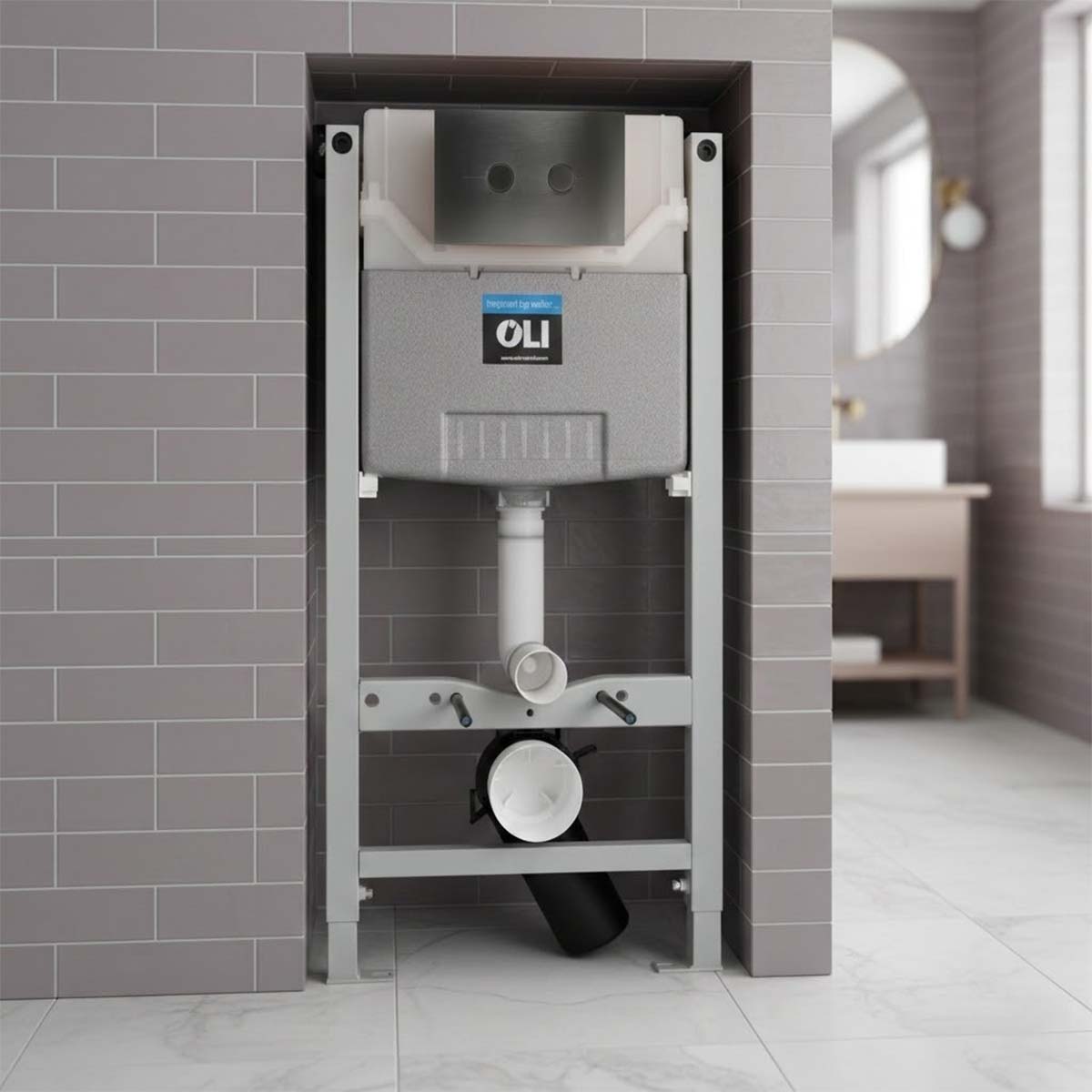 980mm Pre-wall Freestanding W.C. Frame with Cistern & Gunmetal Dual Flush Plate