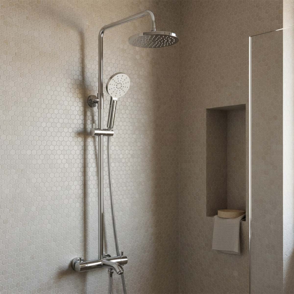 Adjustable Overhead Shower with Handset, Bath Spout and Thermostatic Bar