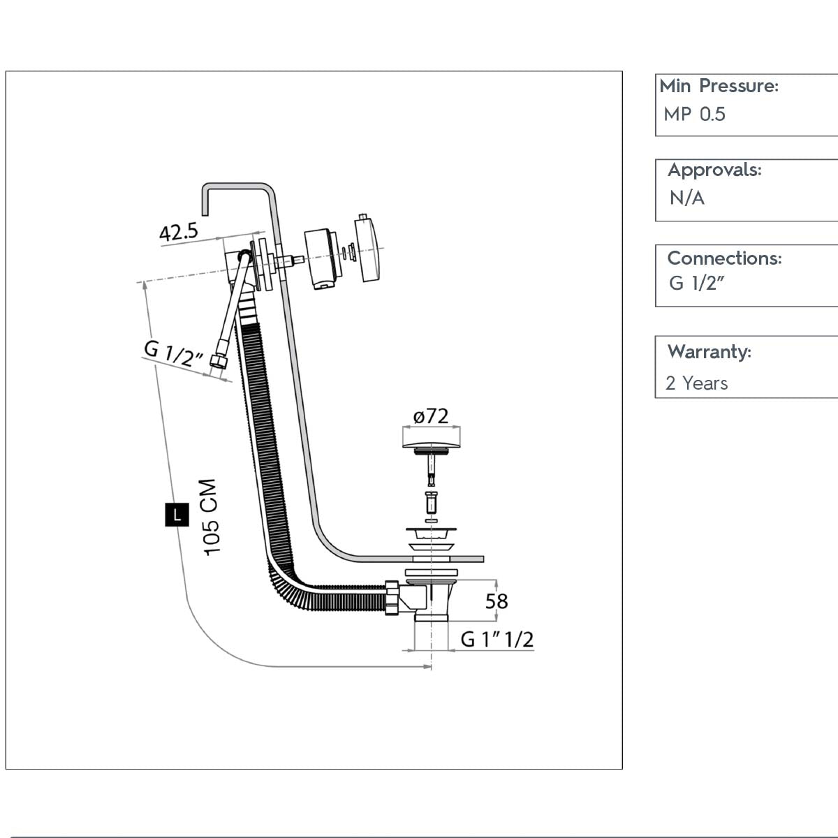 Bath Filler with Pop up Waste tchenical details 