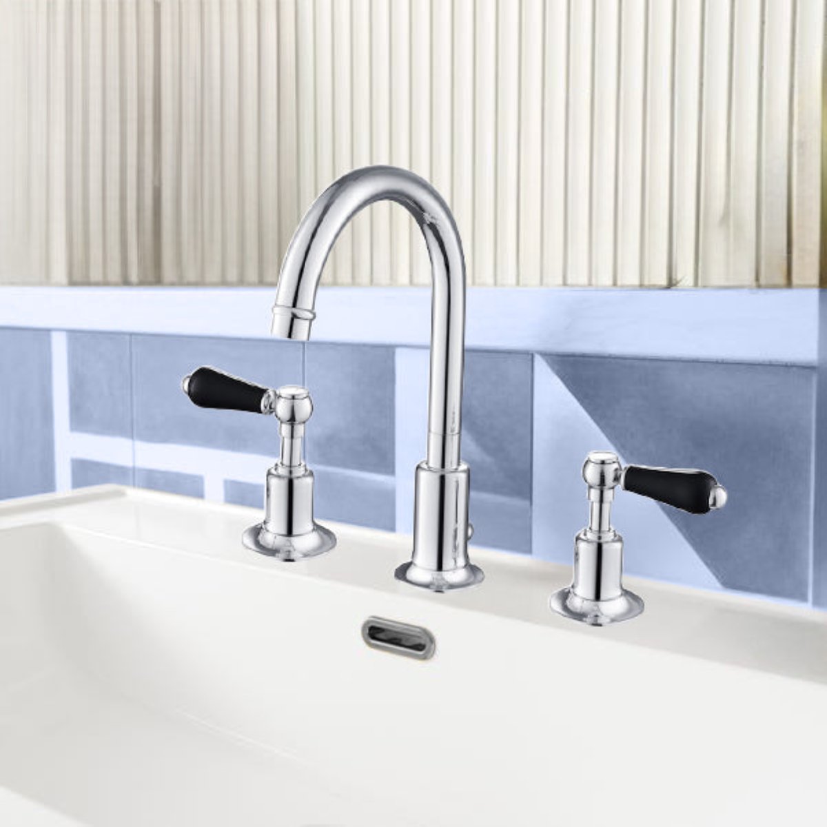 Black Lever 3 Hole Basin Mixer Tap with Pop up Waste Main image