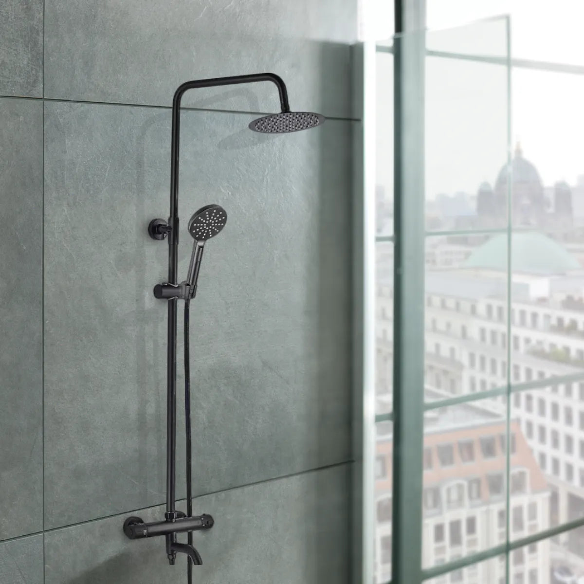 Black Exposed Thermostatic Riser Kit with Shower Head, Handset and Bath Spout