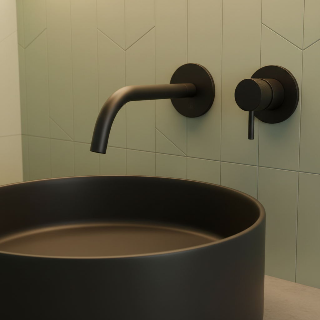 Black Single Lever Basin Mixer Tap with Knurled Handle - Wall Mounted Main image