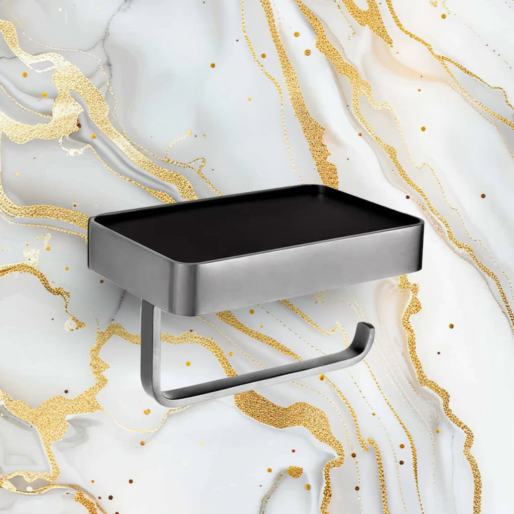 Black Toilet Roll Holder with Mobile Phone Shelf