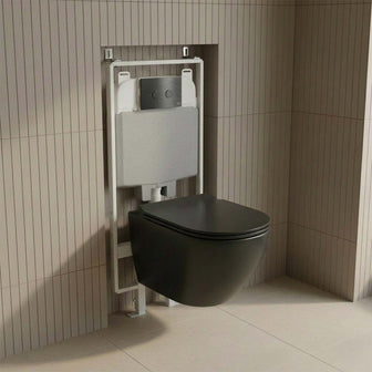 Black Wall Hung Rimless Toilet with Seat & 1.2m Slim Concealed Cistern W.C Frame and Brushed Black Flush Plate Set Main image