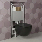 Black Wall Hung Rimless Toilet with Seat & 1.2m Slim Concealed Cistern W.C Frame and Brushed Bronze Flush Plate Set