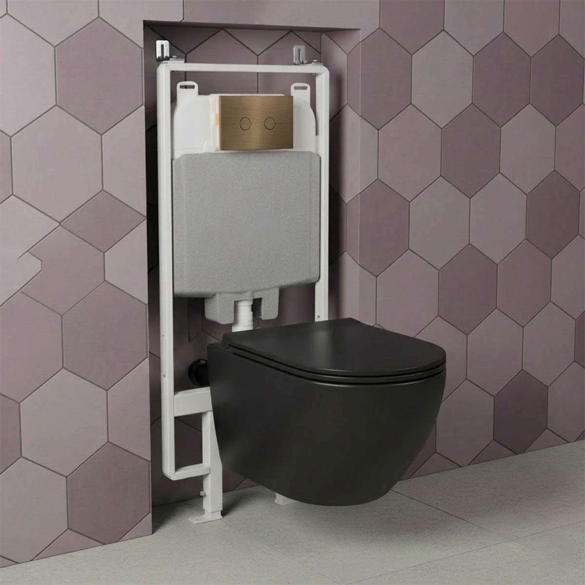 Black Wall Hung Rimless Toilet with Seat & 1.2m Slim Concealed Cistern W.C Frame and Brushed Bronze Flush Plate Set