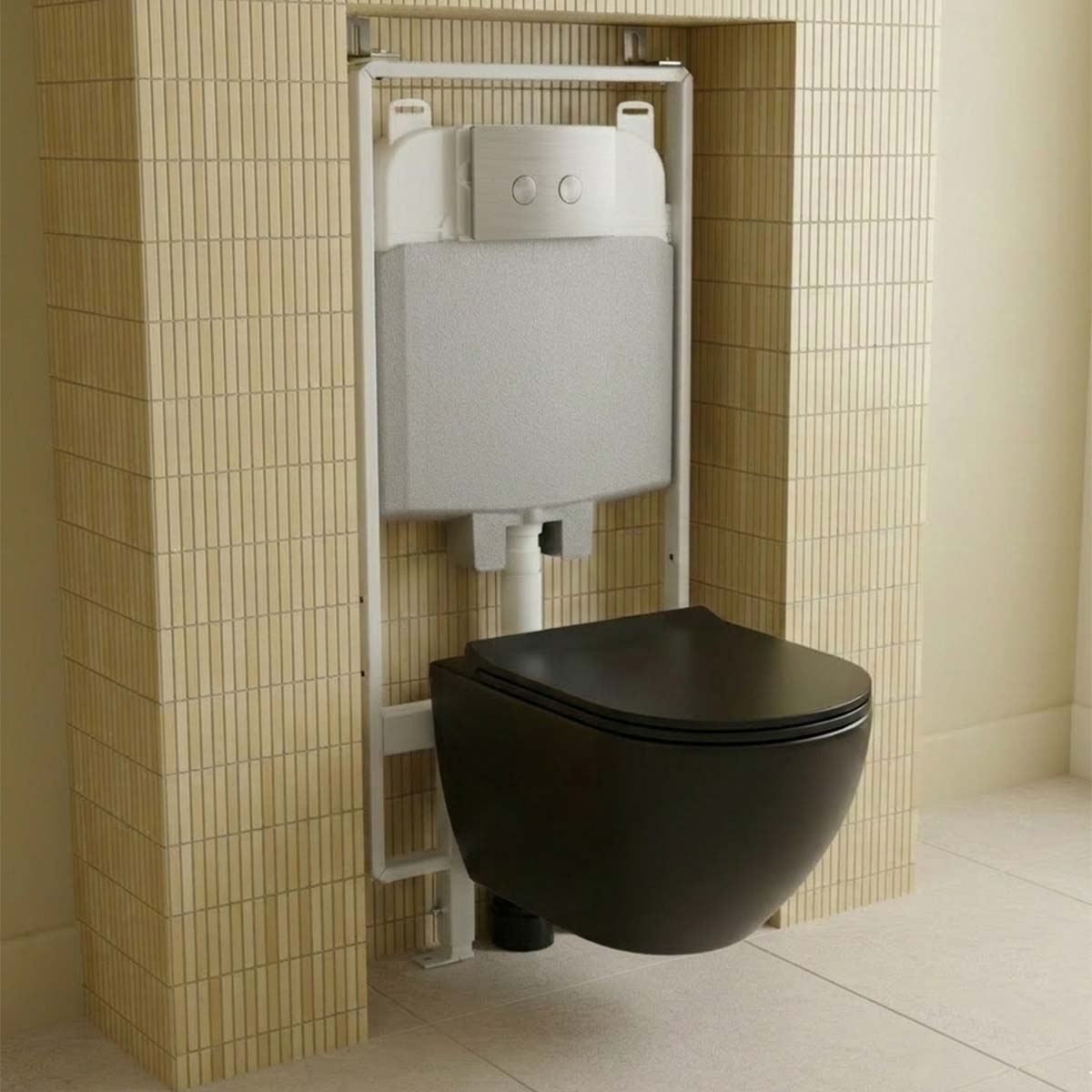 Black Wall Hung Rimless Toilet with Seat & 1.2m Slim Concealed Cistern W.C Frame and Chrome Flush Plate Set