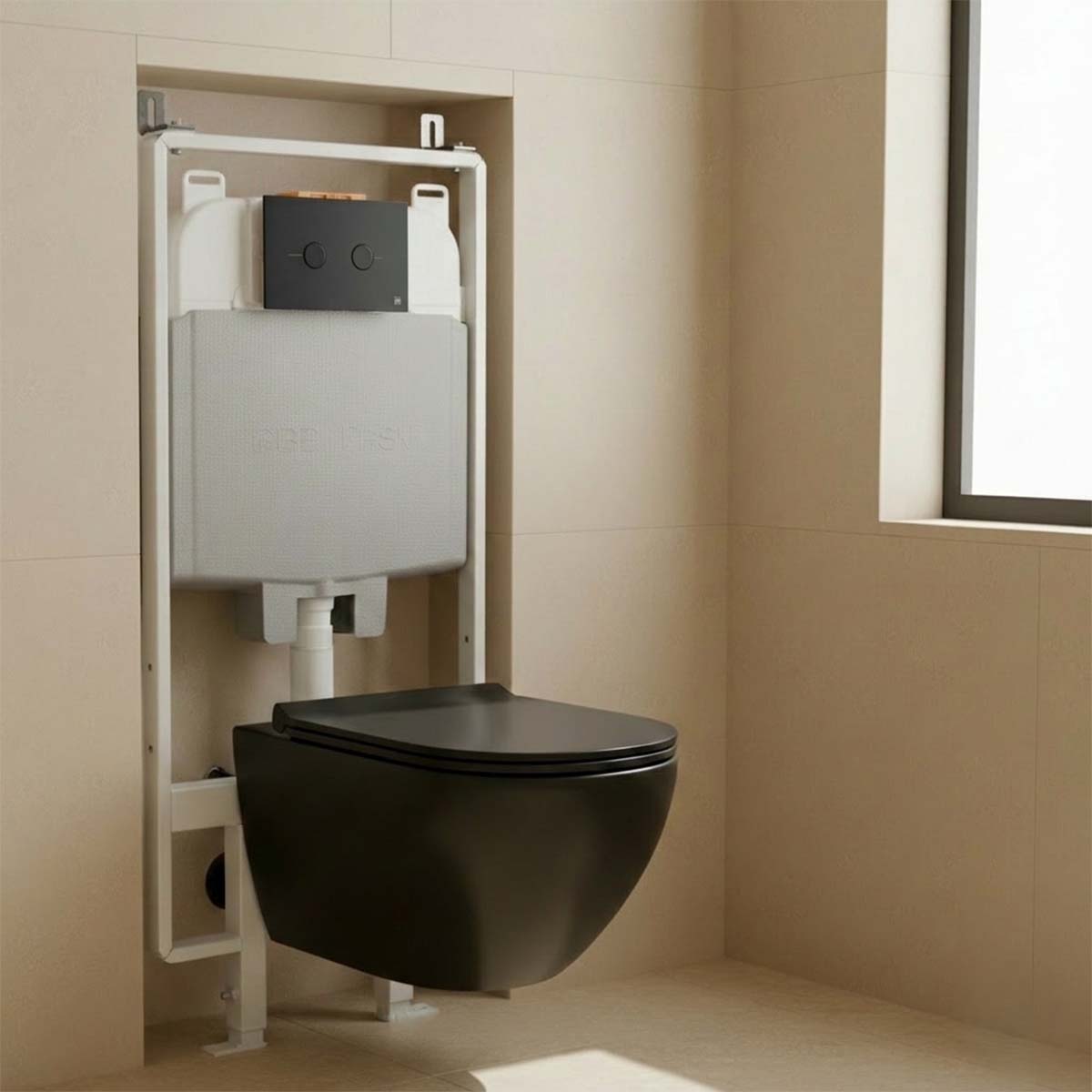 Black Wall Hung Rimless Toilet with Seat & 1.2m Slim Concealed Cistern W.C Frame and Matt Black Flush Plate Set