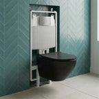 Black Wall Hung Rimless Toilet with Seat & 1.2m Slim Concealed Cistern W.C Frame and Stainless Steel Flush Plate Set