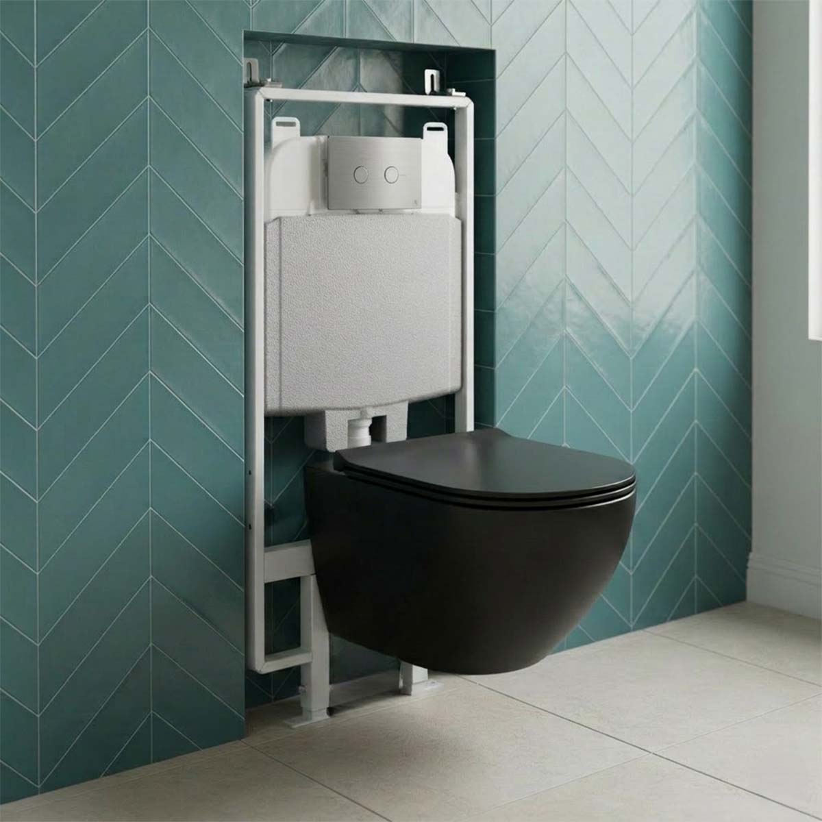 Black Wall Hung Rimless Toilet with Seat & 1.2m Slim Concealed Cistern W.C Frame and Stainless Steel Flush Plate Set