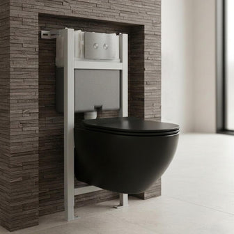 Black Wall Hung Toilet with Seat & 0.82m Concealed Cistern Frame Set and Stainless Steel Flush Plate Main image