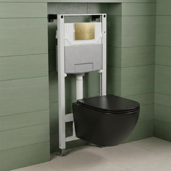 Black Wall Hung Toilet with Seat & 1.2m Pre-Wall W.C Cistern Frame and Brushed Brass Flush Plate Main image