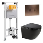 Black Wall Hung Toilet with Seat & 1.2m Pre-Wall W.C Cistern Frame and Brushed Bronze Flush Plate