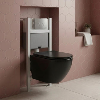 Black Wall Hung Toilet with Seat & Concealed Cistern W.C Frame Set 0.82m and Chrome Flush Plate Main image