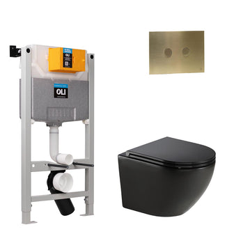 Wortex Black Wall Mounted Rimless Toilet with Seat & 0.980m W.C Frame and Brushed Brass Flush Plate Set Secondary image