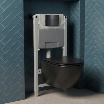 Black Wall Mounted Rimless Toilet with Seat & 0.980m W.C Frame and Brushed Black Flush Plate Set Main image