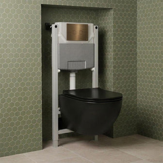 Black Wall Mounted Rimless Toilet with Seat & 0.980m W.C Frame and Brushed Bronze Flush Plate Set Main image