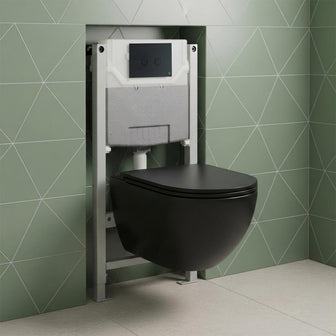 Black Wall Mounted Rimless Toilet with Seat & 0.980m W.C Frame and Matt Black Flush Plate Set Main image