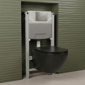Black Wall Mounted Rimless Toilet with Seat & 0.980m W.C Frame and Stainless Steel Flush Plate Set Main image
