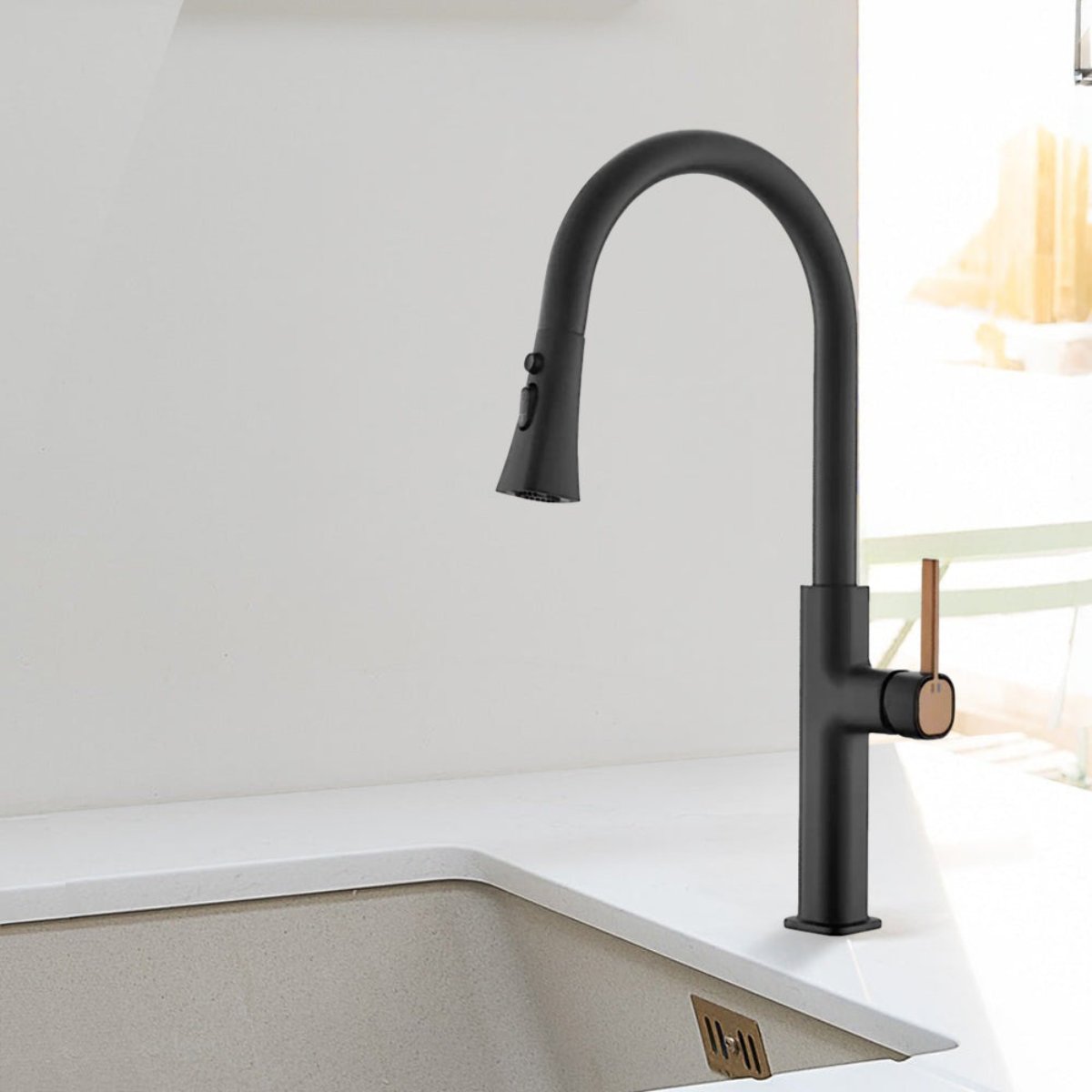 black and rose gold kitchen tap