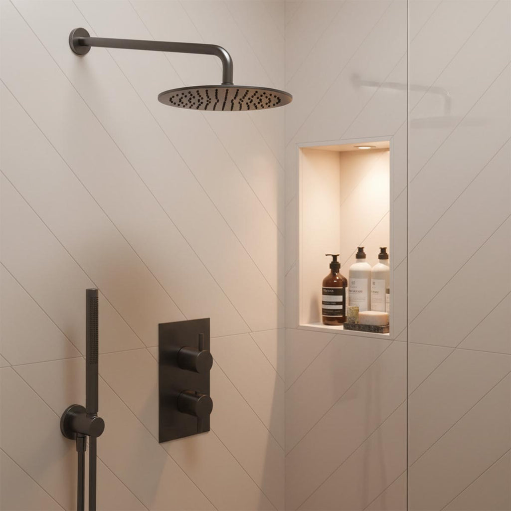 Brushed Black Shower Pack with 2 Outlet Concealed Valve, Fixed Shower Head and Arm & Shower Handset