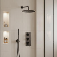 Brushed Black Shower Package with  Concealed Thermostatic 2 Outlet Valve, Fixed Shower Head & Arm and Shower Handset 
